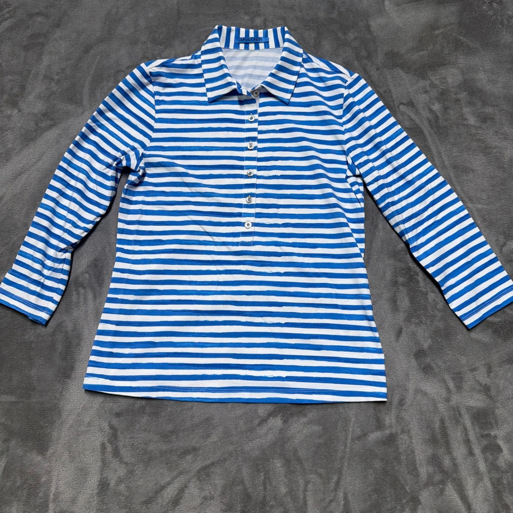 J McLaughlin Striped Shirt Womens Small Blue 3/4 Sleeve Nautical Stretch